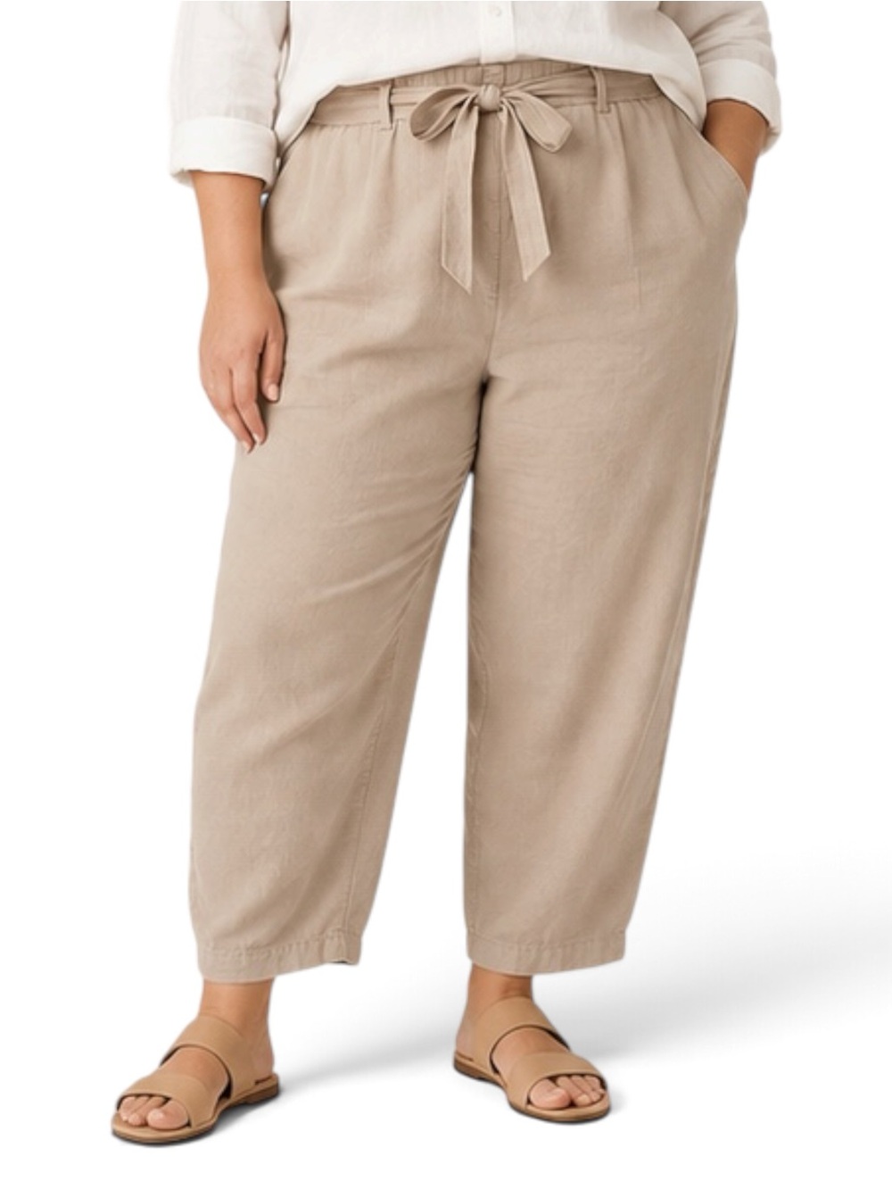 Eileen Fisher 3X Khaki Tencel Linen Lantern Ankle Pants Tie Waist NWT